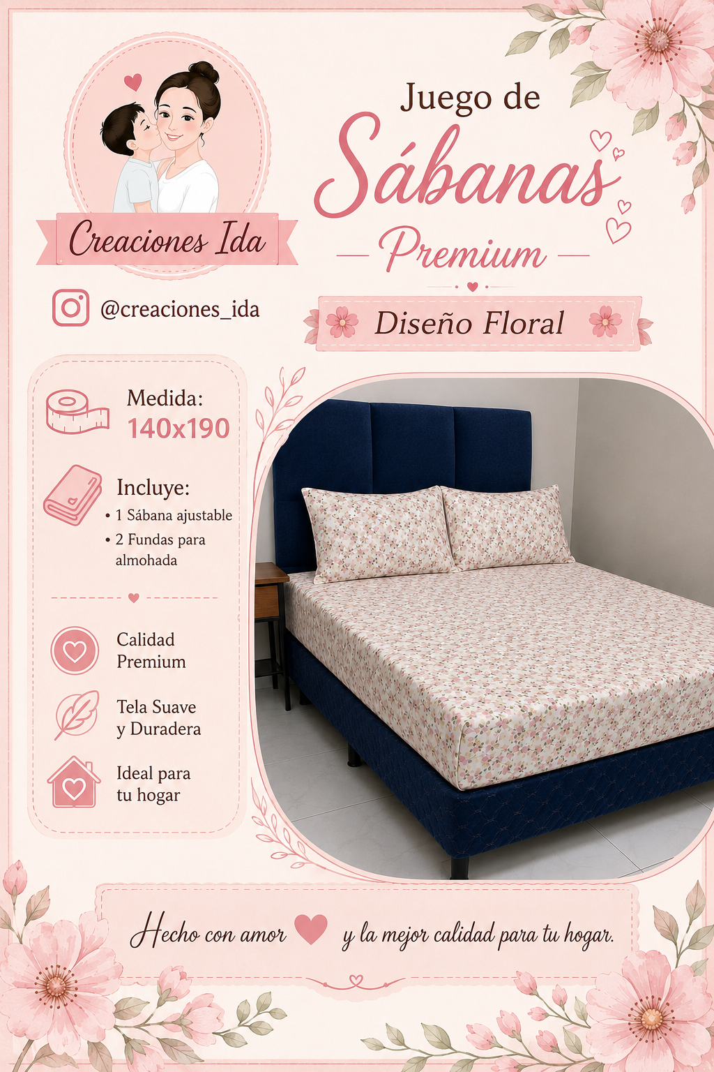 JUEGO DE SABANAS PREMIUM 1,40 X 1,90 ROSA FLORAL
