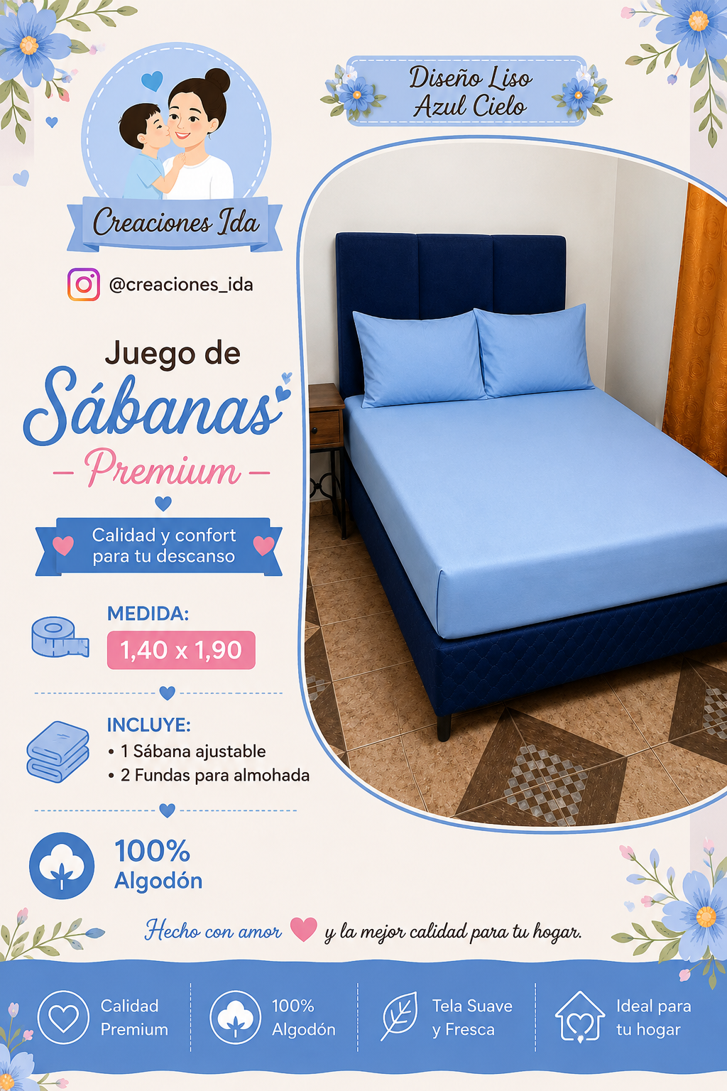JUEGO DE SABANAS PREMIUM 1,40 X 1,90 AZUL CIELO