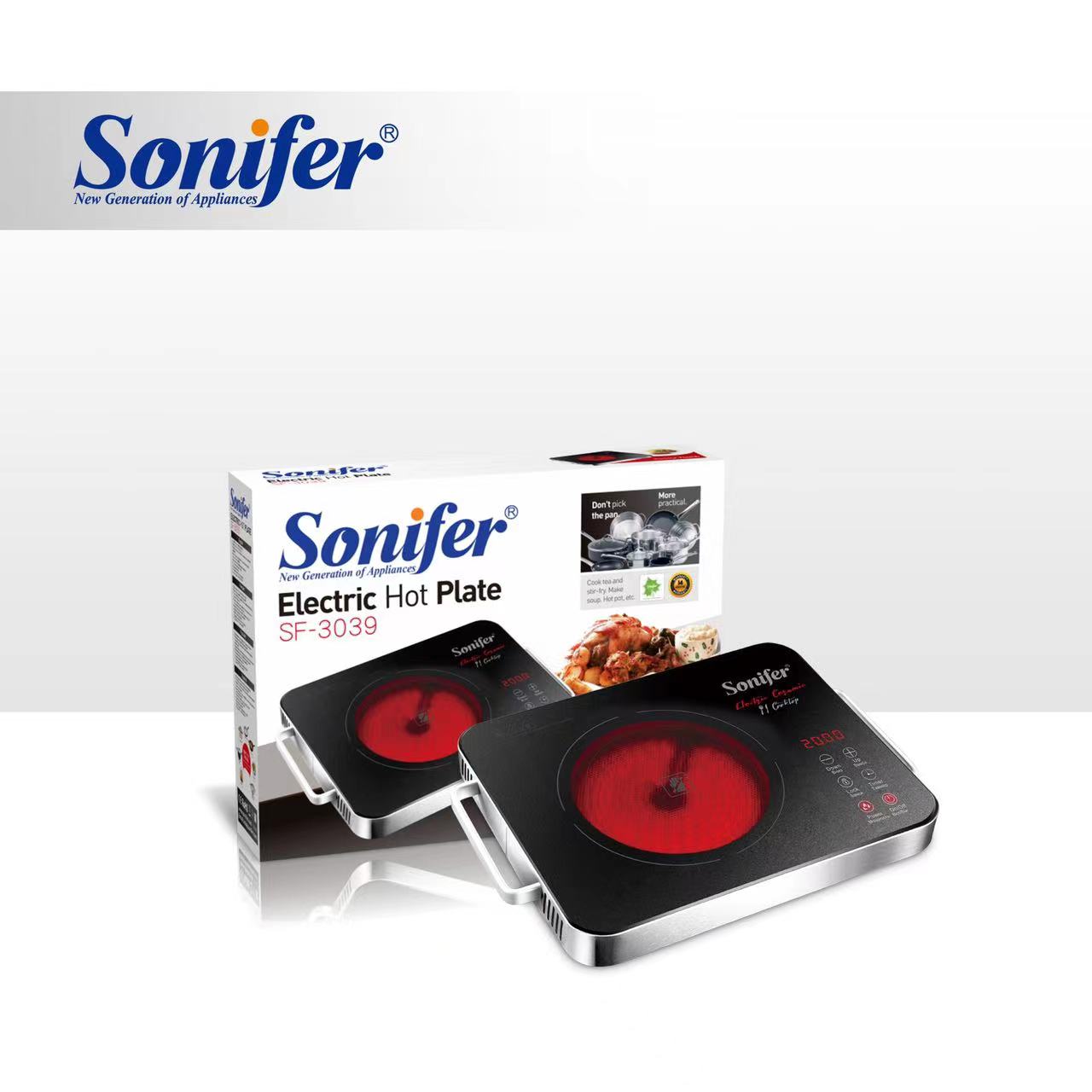 Sonifer SF-3039 cocina eléctrica de placa eléctrica de acero inoxidable de 2000w con caja doméstica al por mayor de 2000w