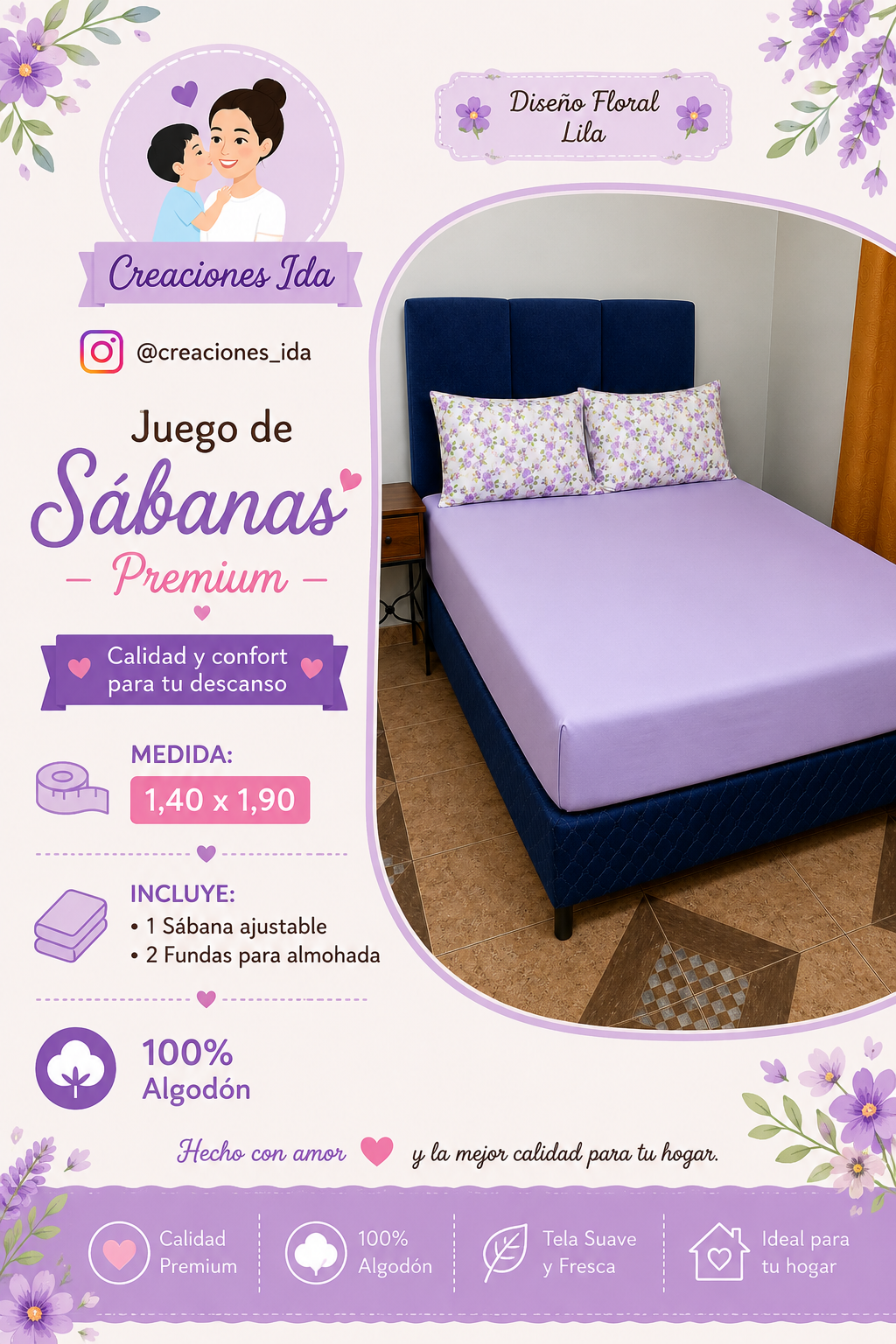 JUEGO DE SABANAS PREMIUM 1,40 X 1,90 LILA FLORAL