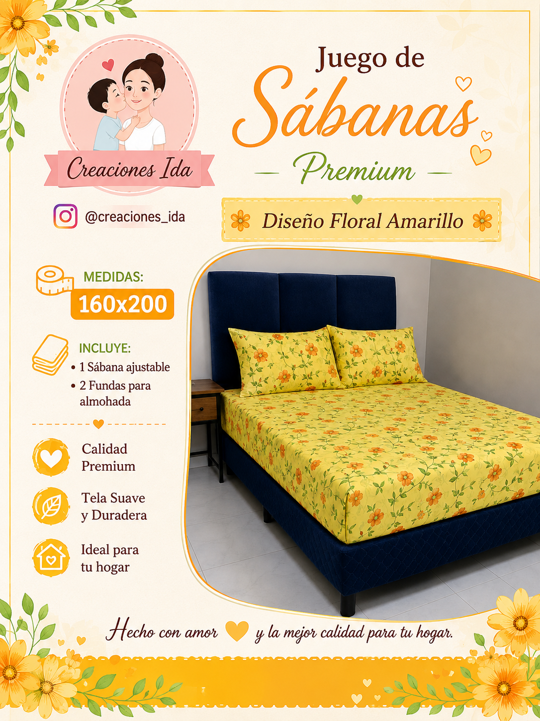 JUEGO DE SABANAS PREMIUM 1,60 X 2,00 FLORAL AMARILLO