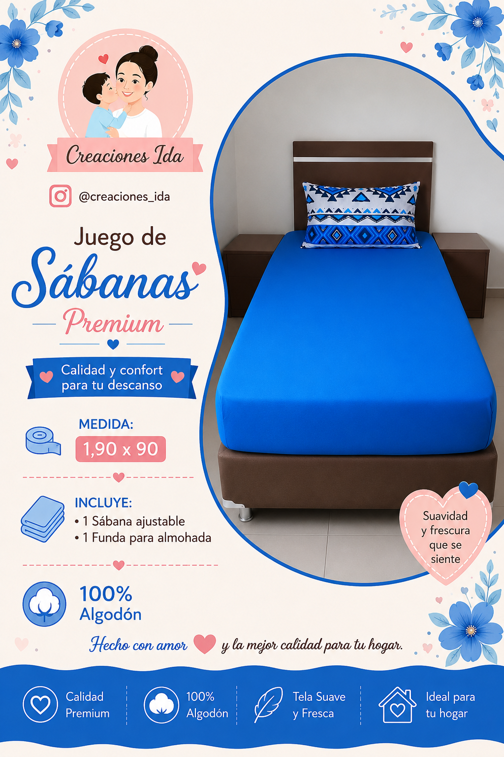 JUEGO DE SABANAS PREMIUM 1,90 X 90 AZUL
